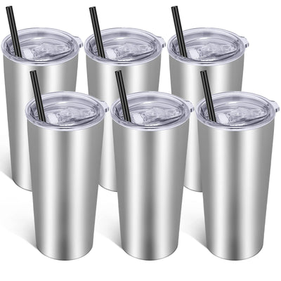 20oz Insulated Tumblers 6-Pack | Double Wall Stainless Steel Travel Cups with Lid & Straw