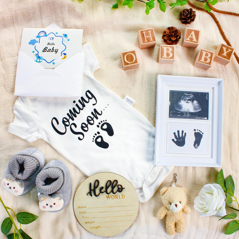 9-Piece Pregnancy Announcement Gift Set – Baby Bodysuit, Ultrasound Frame, Keepsake Sign & Baby Reveal Box - Baby Gift Sets - Fun Stuff Gift Shop