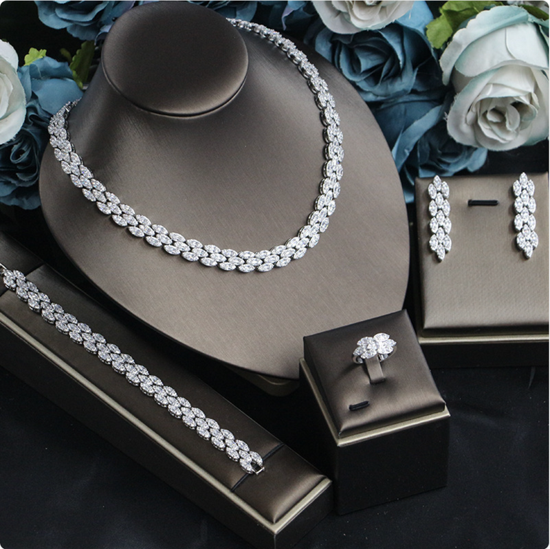Floral Bridal Jewelry Set — Silver Copper Necklace, Earrings, Bracelet & Ring | Camellia & Lotus Wedding Jewelry for Women