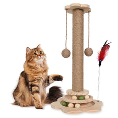 4-in-1 Wooden Cat Scratching Post with Sisal Balls & Interactive Toys | Natural Wood - Fun Stuff Gift Shop