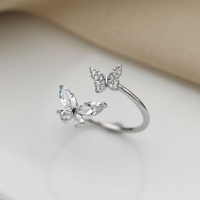 925 Sterling Silver Butterfly Ring for Women – Adjustable Diamond Accent Open Ring, Elegant Gift Jewelry