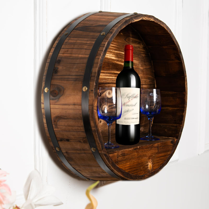 Oak Whiskey Barrel Wall Mount Wine Rack | Rustic Wood Wine & Bar Organizer - Fun Stuff Gift Shop