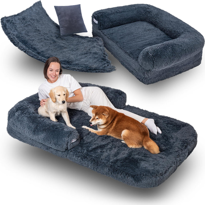 Foldable Human Dog Bed | Orthopedic Memory Foam Giant Dog Couch | Faux Fur | Dark Grey - Fun Stuff Gift Shop