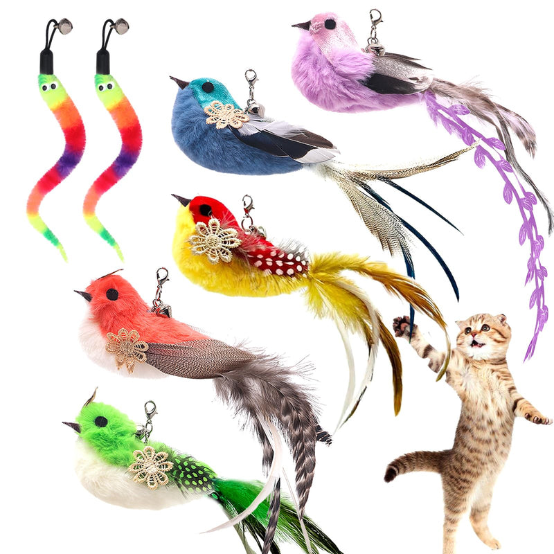 Cat Feather Toy Wand Refills | 7-Pack | Flying Bird & Caterpillar Attachments