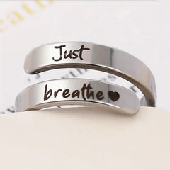 Silver Spiral Heart Ring – “Just Breathe” Stainless Steel Inspirational Love Ring (Adjustable, Tarnish-Resistant Jewelry)