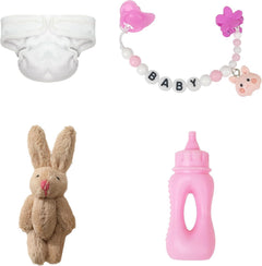 Mini Reborn Baby Doll Accessories Set – Silicone Pacifier, Bottle, Plush Toy & Rattle (4pcs, Pink) - Reborn Doll Accessories - Fun Stuff Gift Shop