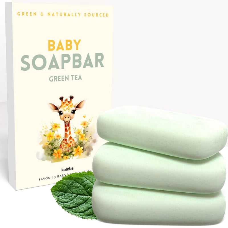 KELEBS Organic Baby Soap Bar – Hypoallergenic Green Tea Formula for Sensitive Skin (3-Pack)