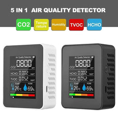 5-in-1 Air Quality Monitor – CO2, TVOC, HCHO, Temp & Humidity Detector