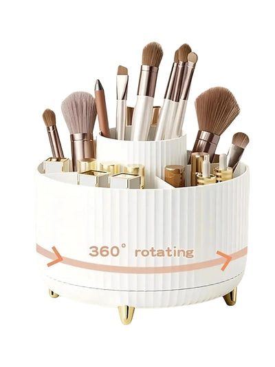 360° Rotating Makeup Organiser - 5 Compartment Plastic Cosmetic & Brush Storage