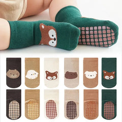 Kids Non-Slip Socks – 6 Pairs Cartoon Fox & Bear (Toddler & Baby)