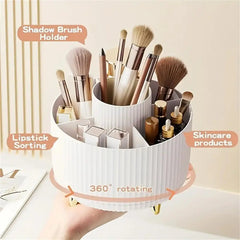 360° Rotating Makeup Organiser – 5-Compartment Cosmetic & Brush Storage