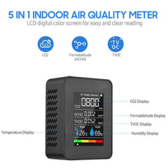 5-in-1 Air Quality Monitor – CO2, TVOC, HCHO, Temp & Humidity Detector