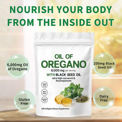 6000mg Oregano Oil Capsules with Black Seed Oil Complex | Ultra-High Carvacrol & Thymoquinone | 180 Softgels - Vitamins & Supplements - Fun Stuff Gift Shop
