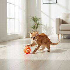 Cat lifestyle photo with orange toy ball