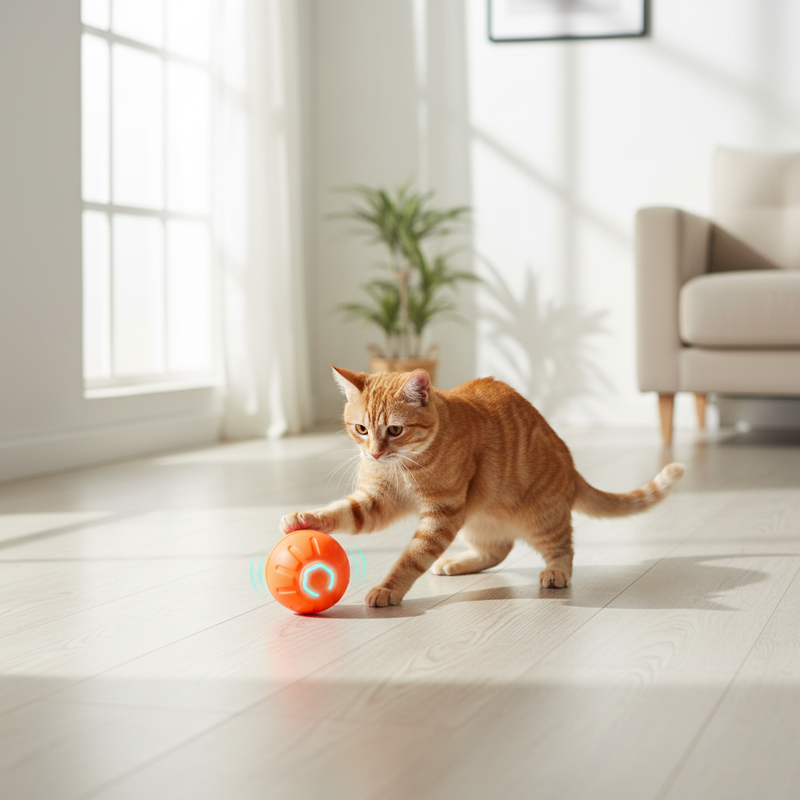 Cat lifestyle photo with orange toy ball