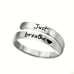 Silver Spiral Heart Ring – “Just Breathe” Stainless Steel Inspirational Love Ring (Adjustable, Tarnish-Resistant Jewelry)
