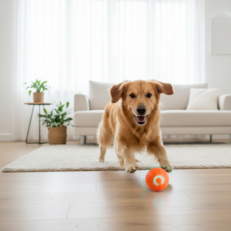Dog lifestyle photo with orange toy ball