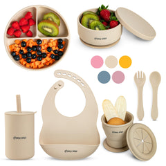 Bouncy Baby 8-Piece Silicone Baby Feeding Set – Baby-Led Weaning Plates, Utensils & Bib (Beige) - Baby Feeding Sets - Fun Stuff Gift Shop