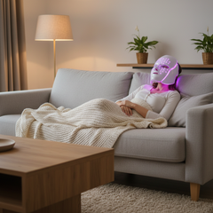 Woman wearing white LED light therapy face mask with purple light while relaxing on couch