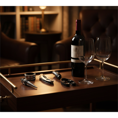 5-piece wine opener set displayed on dark wood bar cart with red wine bottle and glasses