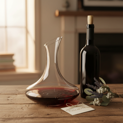 Elegant wine decanter styled on dining table as gift