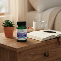 Swanson Selenium 200 mcg bottle on wooden nightstand with plant and journal – self-care routine lifestyle