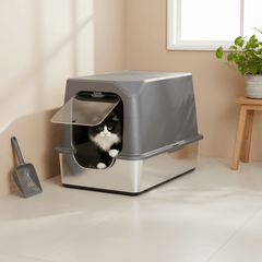 XXL Enclosed Stainless Steel Cat Litter Box with Lid — High Sides, 40L Capacity - Fun Stuff Gift Shop