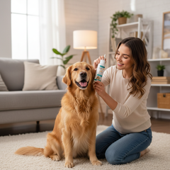 Pet owner cleaning golden retriever's ear with Ultra-Otic ear cleaner
