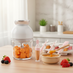 Baby food maker set and feeding accessories arranged beside homemade puree