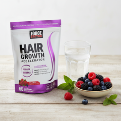 Force Factor Hair Growth Accelerator bag on wood with fresh mixed berries, green leaves and water – berry wellness lifestyle
