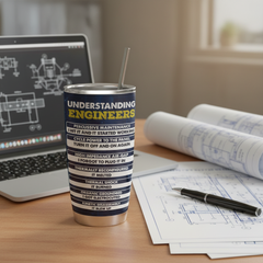 Understanding Engineers 20oz tumbler on a wooden desk with laptop and blueprints