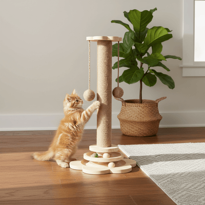 4-in-1 Wooden Cat Scratching Post with Sisal Balls & Interactive Toys | Natural Wood - Fun Stuff Gift Shop