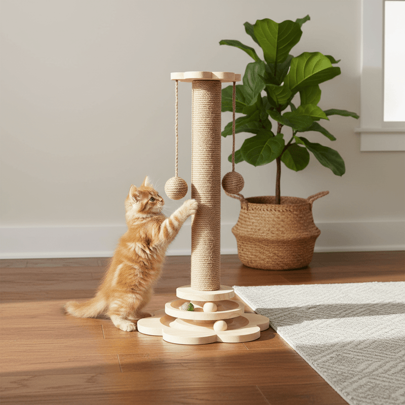 4-in-1 Wooden Cat Scratching Post with Sisal Balls & Interactive Toys | Natural Wood - Fun Stuff Gift Shop