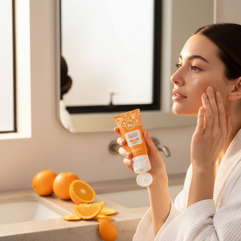 Woman with glowing skin applying Cosros Orange Exfoliating Gel in bright modern bathroom with orange slices on counter