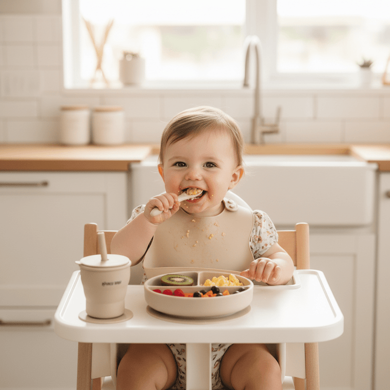 Bouncy Baby 8-Piece Silicone Baby Feeding Set – Baby-Led Weaning Plates, Utensils & Bib (Beige) - Baby Feeding Sets - Fun Stuff Gift Shop