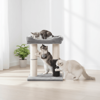 4-in-1 Cat Tree with Large Bed, Self-Groomer & Scratching Posts | Large Cats - Fun Stuff Gift Shop