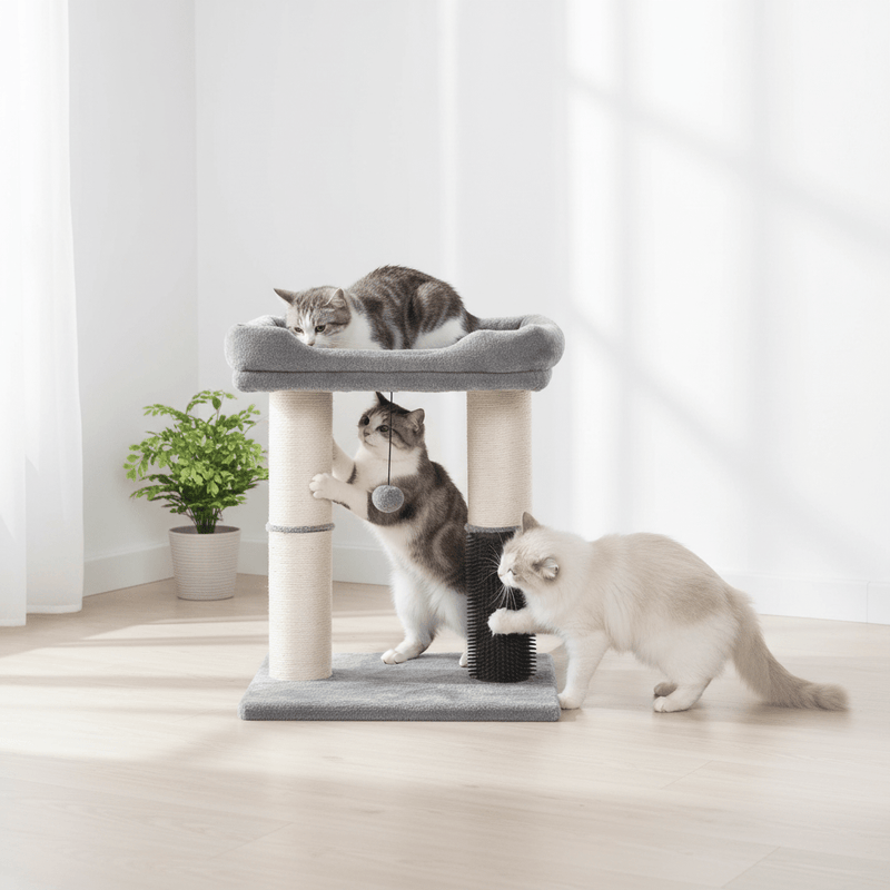 4-in-1 Cat Tree with Large Bed, Self-Groomer & Scratching Posts | Large Cats - Fun Stuff Gift Shop