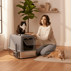 XXL Enclosed Stainless Steel Cat Litter Box with Lid — High Sides, 40L Capacity - Fun Stuff Gift Shop