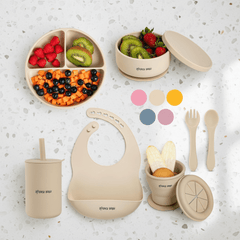 Bouncy Baby 8-Piece Silicone Baby Feeding Set – Baby-Led Weaning Plates, Utensils & Bib (Beige) - Baby Feeding Sets - Fun Stuff Gift Shop