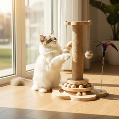 4-in-1 Wooden Cat Scratching Post | Sisal Scratcher with Track Balls & Feather Toy