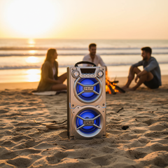 Silver double subwoofer bluetooth speaker on the beach at sunset with bonfire in background