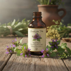 Secrets of the Tribe Self Heal Prunella Vulgaris bottle on rustic wood with wildflowers and green leaves – botanical herbal lifestyle