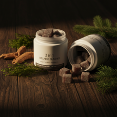 3 in 1 Wellness Gummies jar with gummies, sea moss, ashwagandha root and pine branches – earthy men's wellness lifestyle
