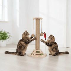 4-in-1 Wooden Cat Scratching Post with Sisal Balls & Interactive Toys | Natural Wood - Fun Stuff Gift Shop