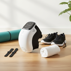 CAP & BOW knee massager with heat and red light therapy beside yoga and recovery accessories