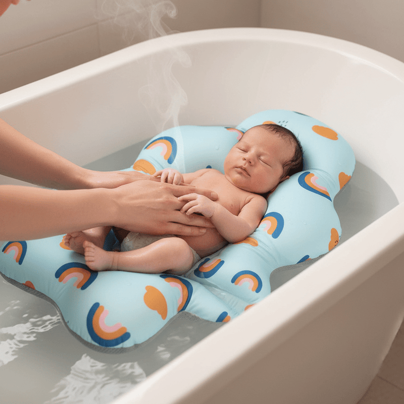 Foldable Baby Bath Seat & Support Mat – Soft Cushion with Safety Belts for Newborns 0–12 Months (Blue Rainbow) - Fun Stuff Gift Shop