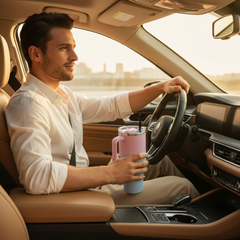 Man with tumbler in car