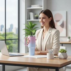 Woman with tumbler in office