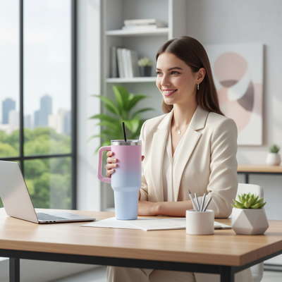 Woman with tumbler in office